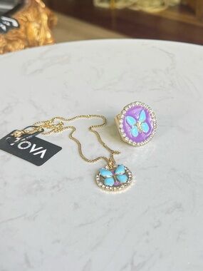 Tova butterfly 🦋 and ring set Gold-Tone Purple & Turquoise Pendant Neckla